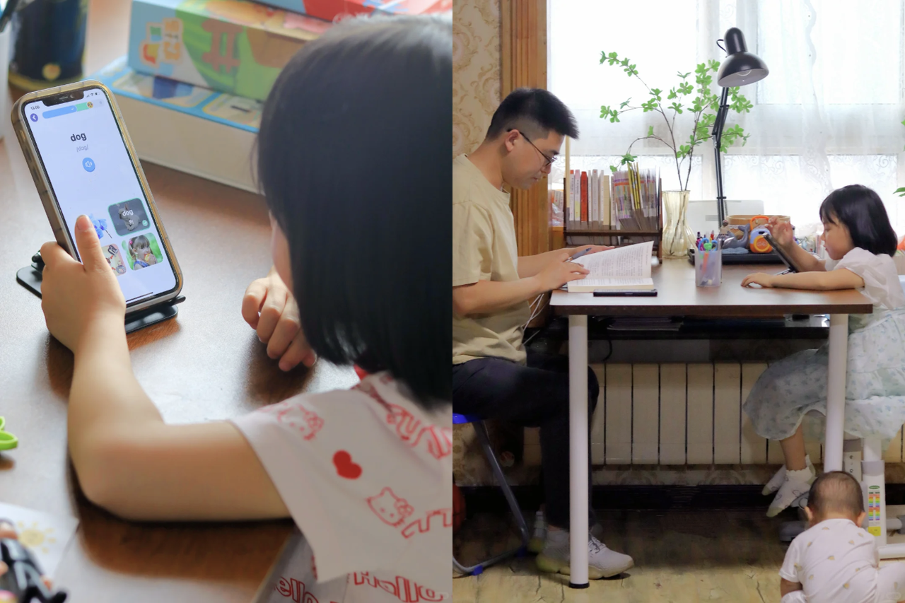 Dù đang bận làm việc, ba vẫn luôn ngồi cạnh để con có cảm giác có người đồng hành trong lúc học tiếng Anh